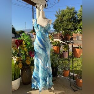 Aqua Blue & White Watercolor Ruffle Maxi Dress by Aqua